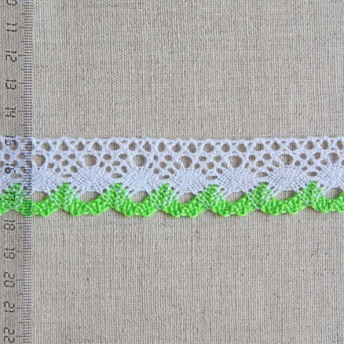 Кружево хлопковое, вязаное, KHC-0017, 30мм, цвет белый с зелёным