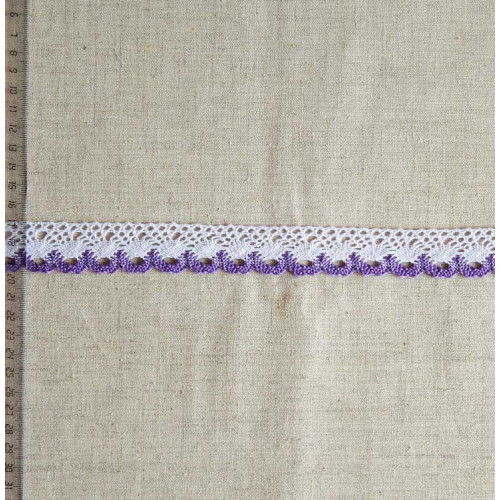 Кружево хлопковое, вязаное, KHC-0036, 28мм, цвет белый с сиреневым