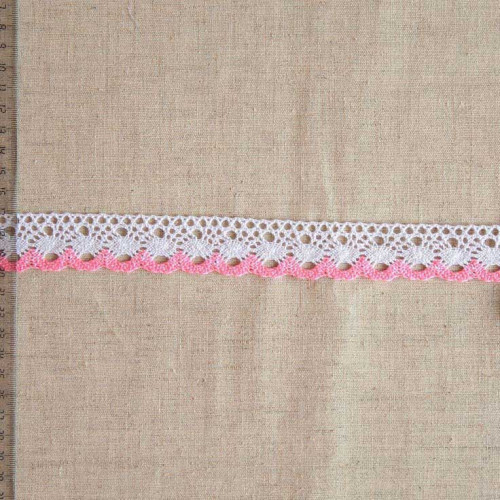 Кружево хлопковое, вязаное, KHC-0037, 28мм, цвет белый с розовым