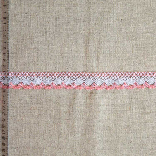 Кружево хлопковое, вязаное, KHC-0038, 28мм, цвет белый с бледно-розовым